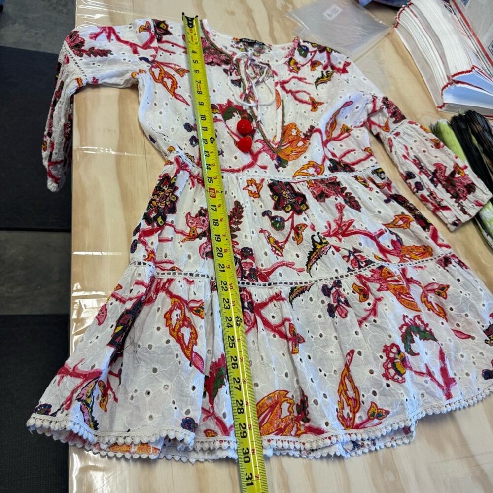 Gianni Bini 3/4 Sleeve Mini‎ Dress Babydoll Tassels Cotton Boho Floral Eyelet XS - Picture 13 of 16